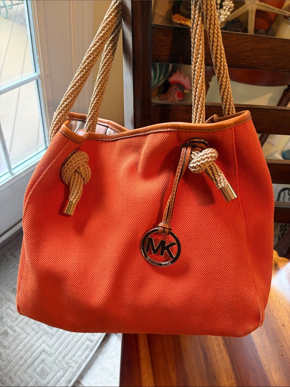 Michael Kors Orange Rope-Handle Canvas Tote with MK Charm